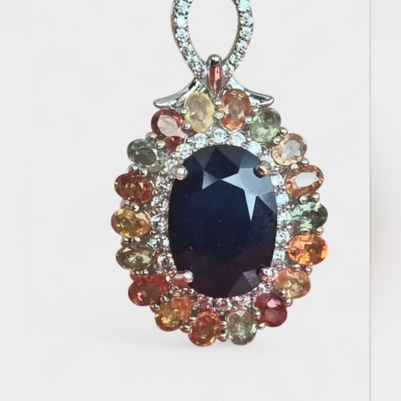 925 Sterling Silver Large Pendant with Blue Sapphire & Multicolor Sapphire Gems - Picture 11 of 12